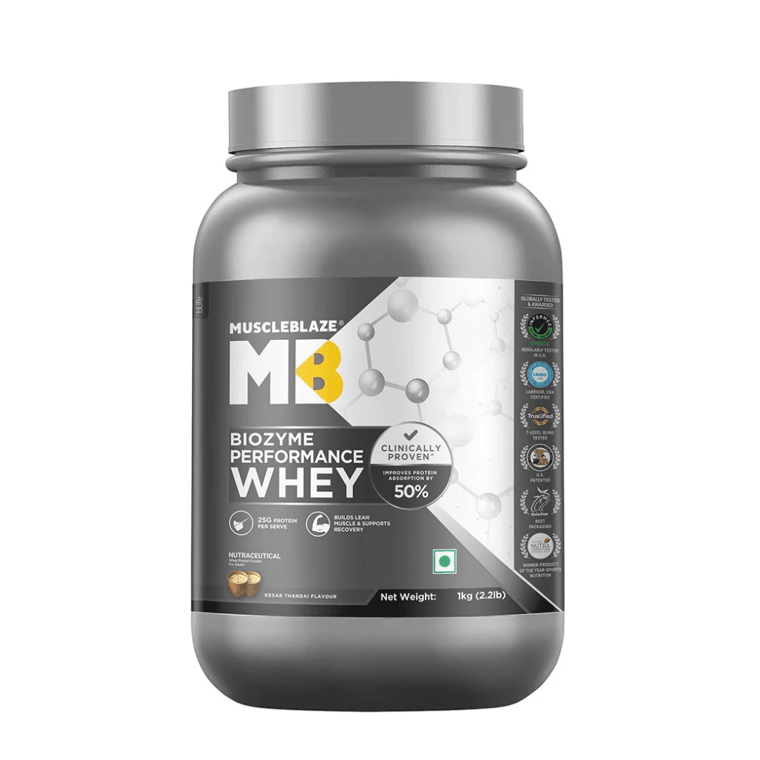 MuscleBlaze Biozyme Performance Whey Protein 1kg Kulfi Flavor Labdoor USA Certified with 25g Protein 11.75g EAA 5.5g BCAA 4.4g Glutamine - image 1
