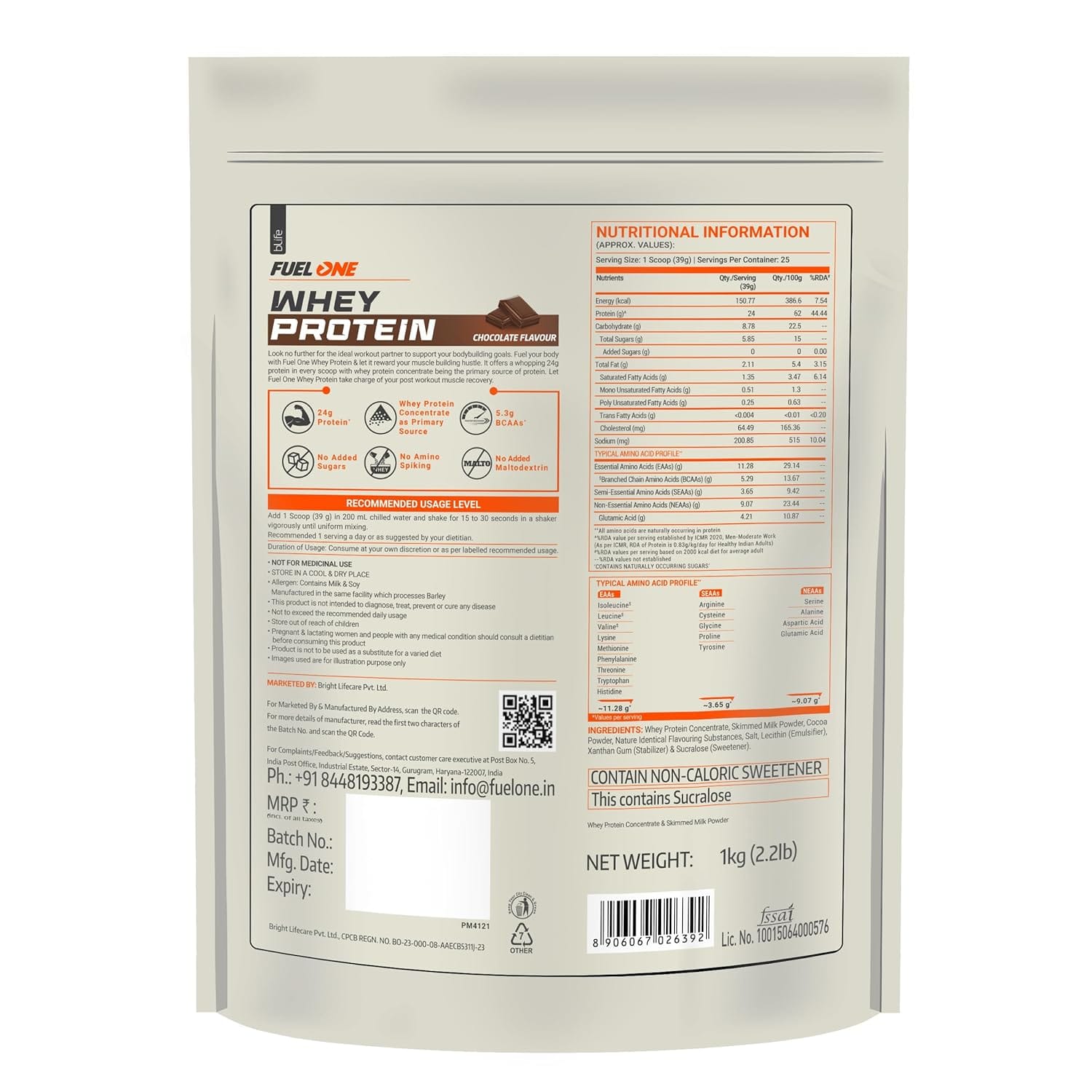 MuscleBlaze Fuel One Whey Protein Powder 1kg Chocolate Flavor 24g Protein 5.3g BCAA 11.3g EAA 4.2g Glutamine - image 2