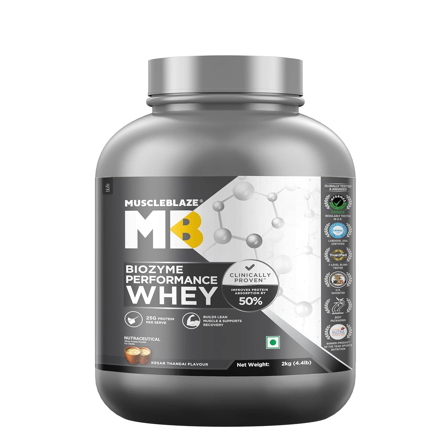 MuscleBlaze Biozyme Performance Whey Protein 2kg Kesar Thandai Flavor Clinically Tested 50% Higher Protein Absorption Informed Choice UK & Labdoor USA Certified - image 1