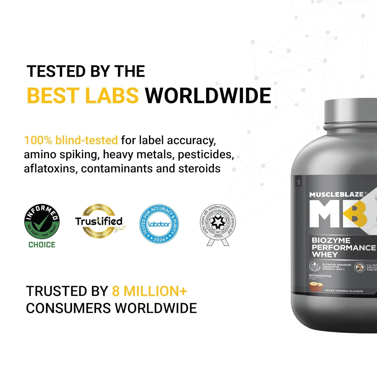 MuscleBlaze Biozyme Performance Whey Protein 2kg Kesar Thandai Flavor Clinically Tested 50% Higher Protein Absorption Informed Choice UK & Labdoor USA Certified - image 2