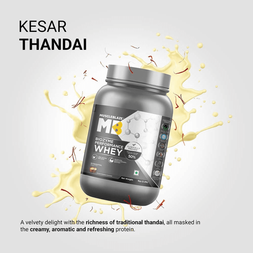 MuscleBlaze Biozyme Performance Whey Protein 2kg Kesar Thandai Flavor Clinically Tested 50% Higher Protein Absorption Informed Choice UK & Labdoor USA Certified - image 5