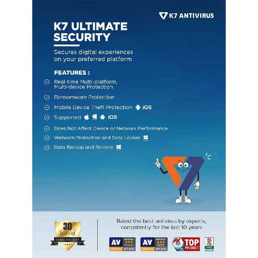 K7 Ultimate Security Antivirus Software | 1 Device,3 Years | Threat Protection, Internet Security,Data Backup,Mobile Protection | Windows Laptop,PC, Mac®,Phones,Tablets - image 3