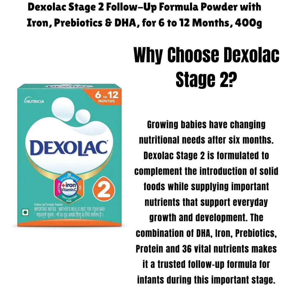 Dexolac Stage 2 Follow-Up Formula Milk Powder 400g For Babies 6-12 Months | DHA, Iron & Prebiotics | Infant Formula | Baby Milk Powder | 36 Vital Nutrients | 100% Lactose - image 3
