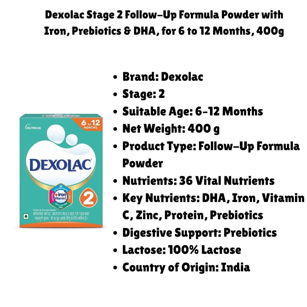 Dexolac Stage 2 Follow-Up Formula Milk Powder 400g For Babies 6-12 Months | DHA, Iron & Prebiotics | Infant Formula | Baby Milk Powder | 36 Vital Nutrients | 100% Lactose - image 5
