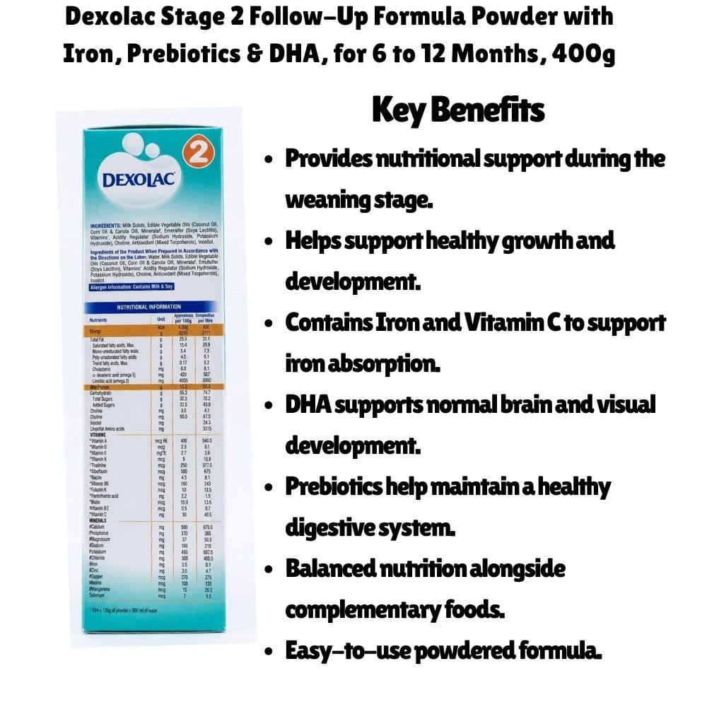 Dexolac Stage 2 Follow-Up Formula Milk Powder 400g For Babies 6-12 Months | DHA, Iron & Prebiotics | Infant Formula | Baby Milk Powder | 36 Vital Nutrients | 100% Lactose - image 4