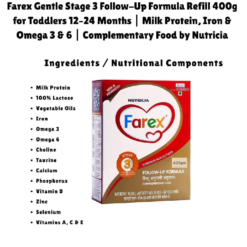 Farex Gentle Stage 3 Follow-Up Formula Refill 400g For Toddlers 12–24 Months ( Combo Offer Pack Of 3 * 400g ) | Milk Protein, Iron & Omega 3 & 6 | Complementary Food By Nutricia - image 2