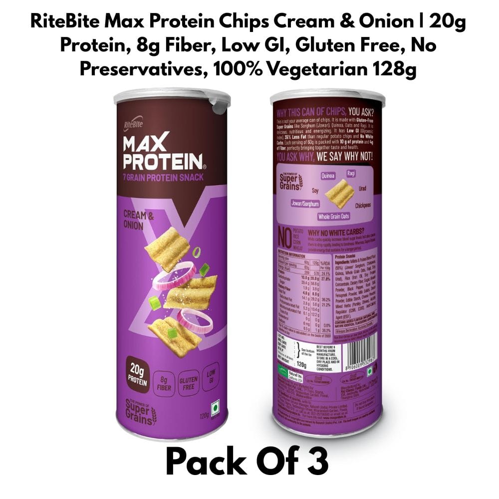 RiteBite Max Protein Chips Cream & Onion ( Pack Of 3 ) | Protein & Fiber Snack | Low GI, Gluten Free, No Preservatives, 100% Vegetarian - image 2