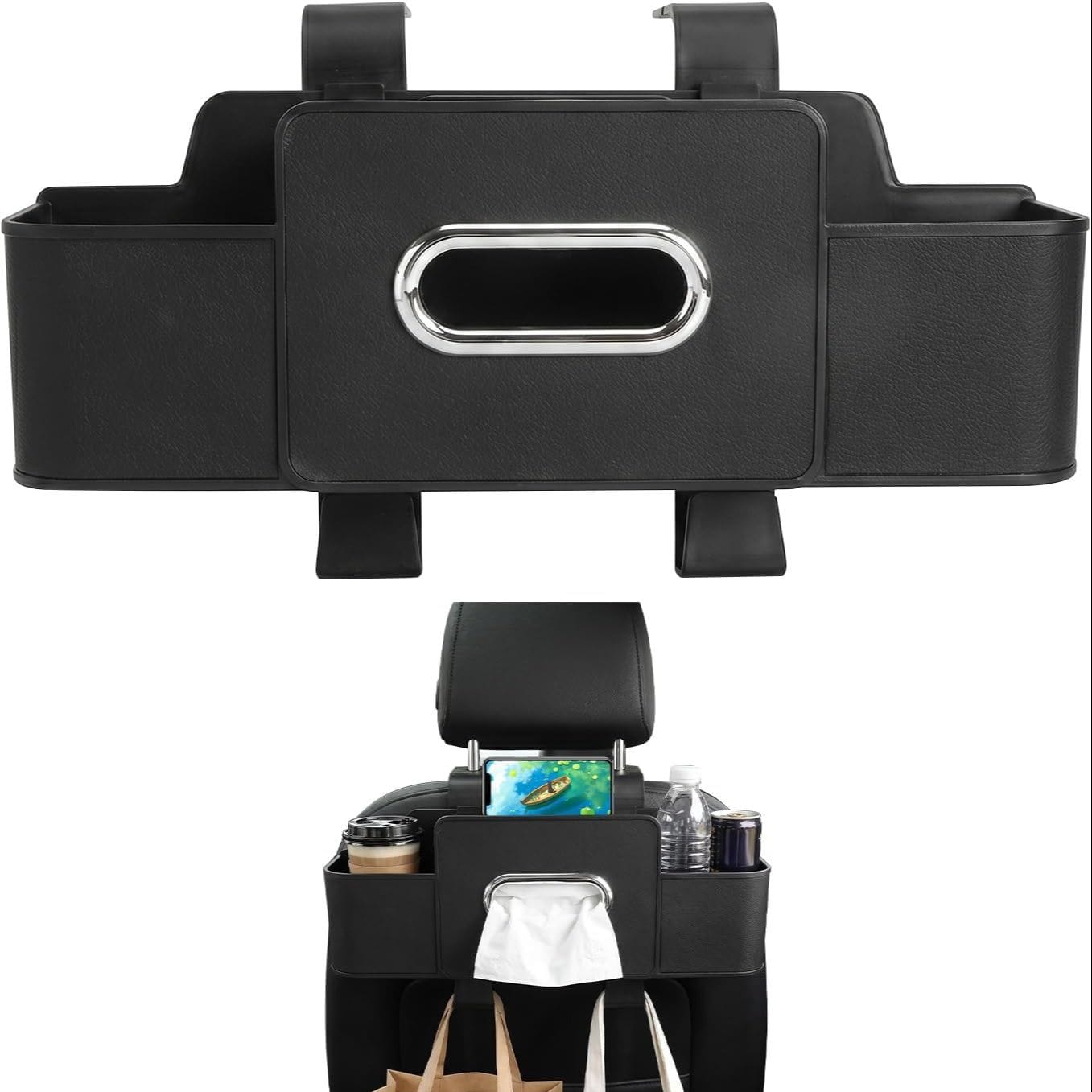 Car Back Seat Storage Box with Tissue Holder | Multifunctional Backseat Organizer for Bottles, Phones & Essentials | Hanging Car Seat Storage Bag with Partition Compartments - SN008 - image 1