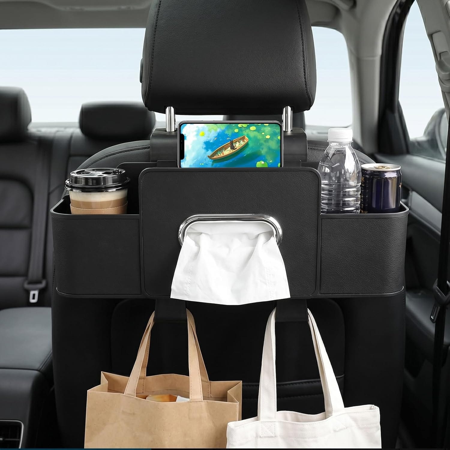 Car Back Seat Storage Box with Tissue Holder | Multifunctional Backseat Organizer for Bottles, Phones & Essentials | Hanging Car Seat Storage Bag with Partition Compartments - SN008 - image 5