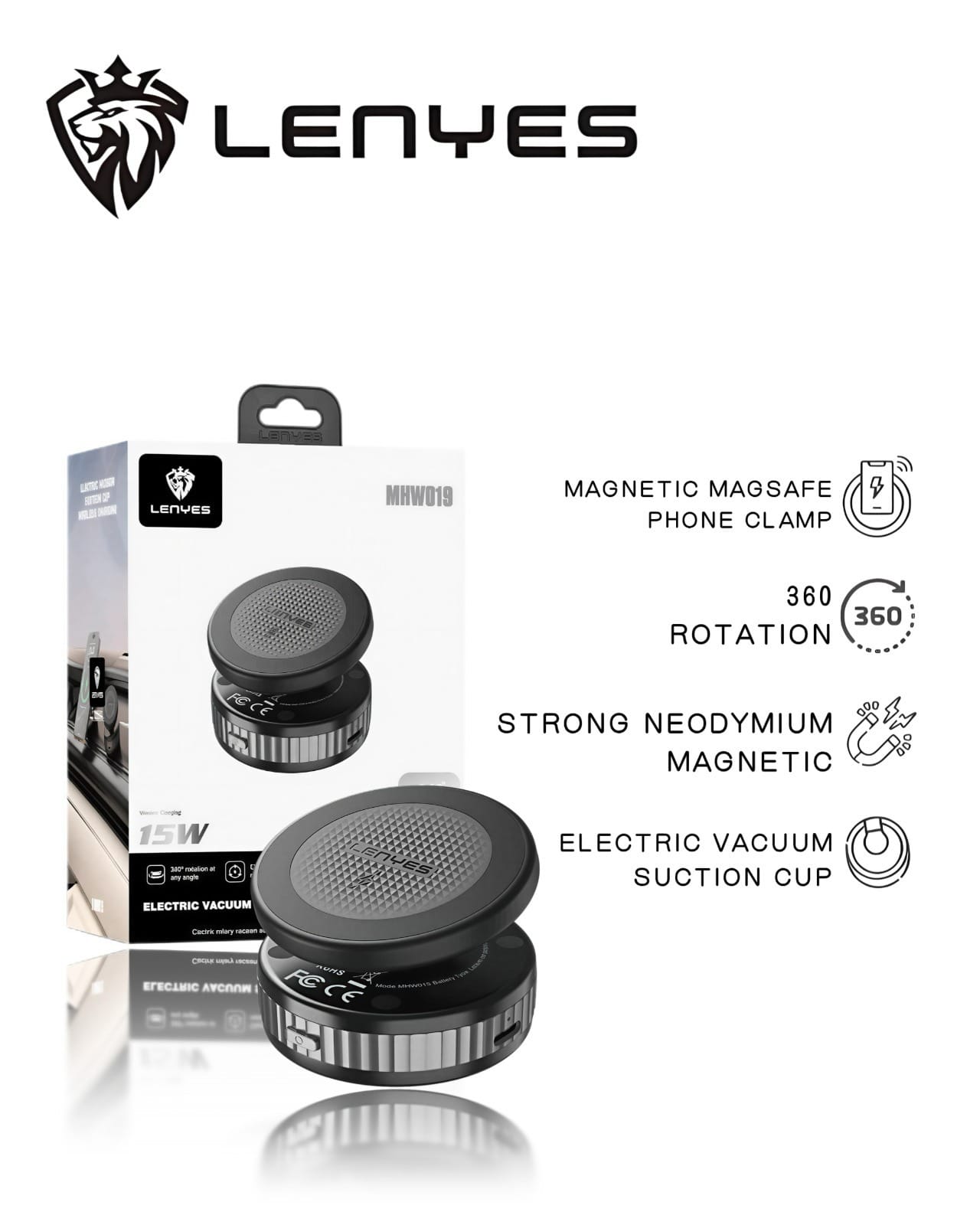 15W Magnetic Wireless Charging Car Mount Phone Holder | Lenyes MHW019 Electric Vacuum Suction Cup | 360° Rotatable Auto-Locking Dashboard & Windshield Phone Holder - MHW019 - image 3