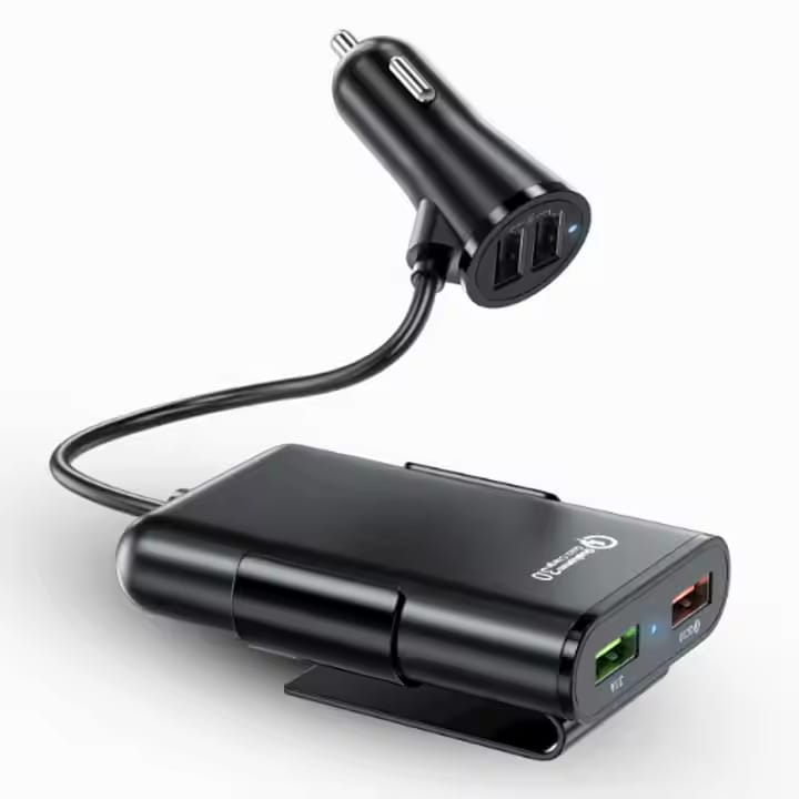 Car Charger | 4 USB Ports QC3.0 Backseat Clip Car Charger With Extension Cable For Phone Rear Back Seat Vehicle Quick Charge Adapter | Fast Car Charger - 8A - image 3