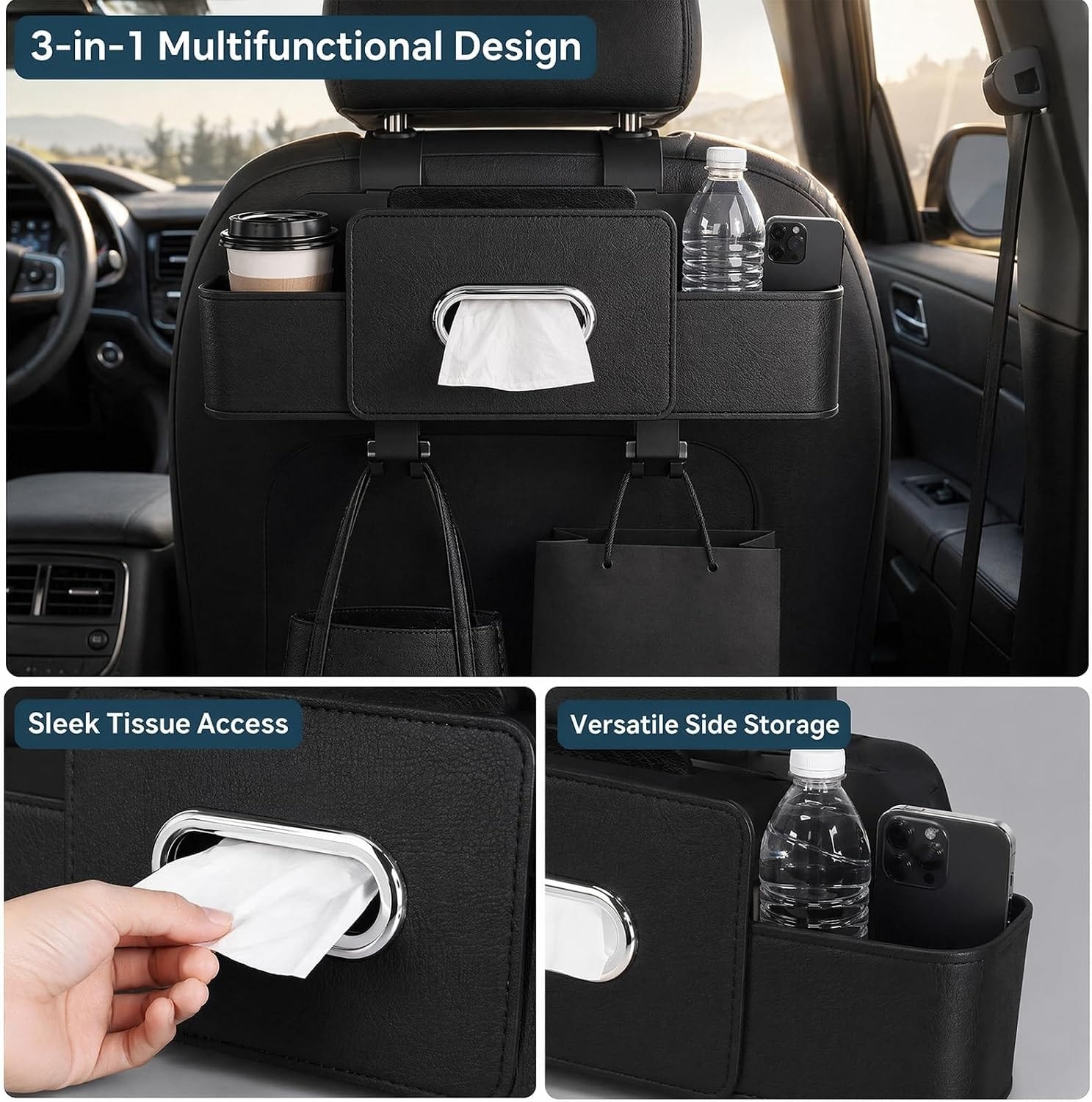 Car Back Seat Storage Box with Tissue Holder | Multifunctional Backseat Organizer for Bottles, Phones & Essentials | Hanging Car Seat Storage Bag with Partition Compartments - SN008 - image 2