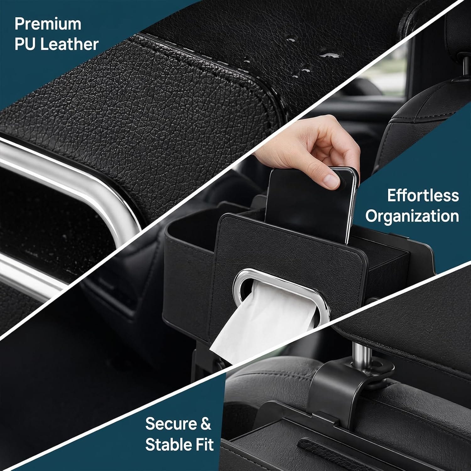 Car Back Seat Storage Box with Tissue Holder | Multifunctional Backseat Organizer for Bottles, Phones & Essentials | Hanging Car Seat Storage Bag with Partition Compartments - SN008 - image 3