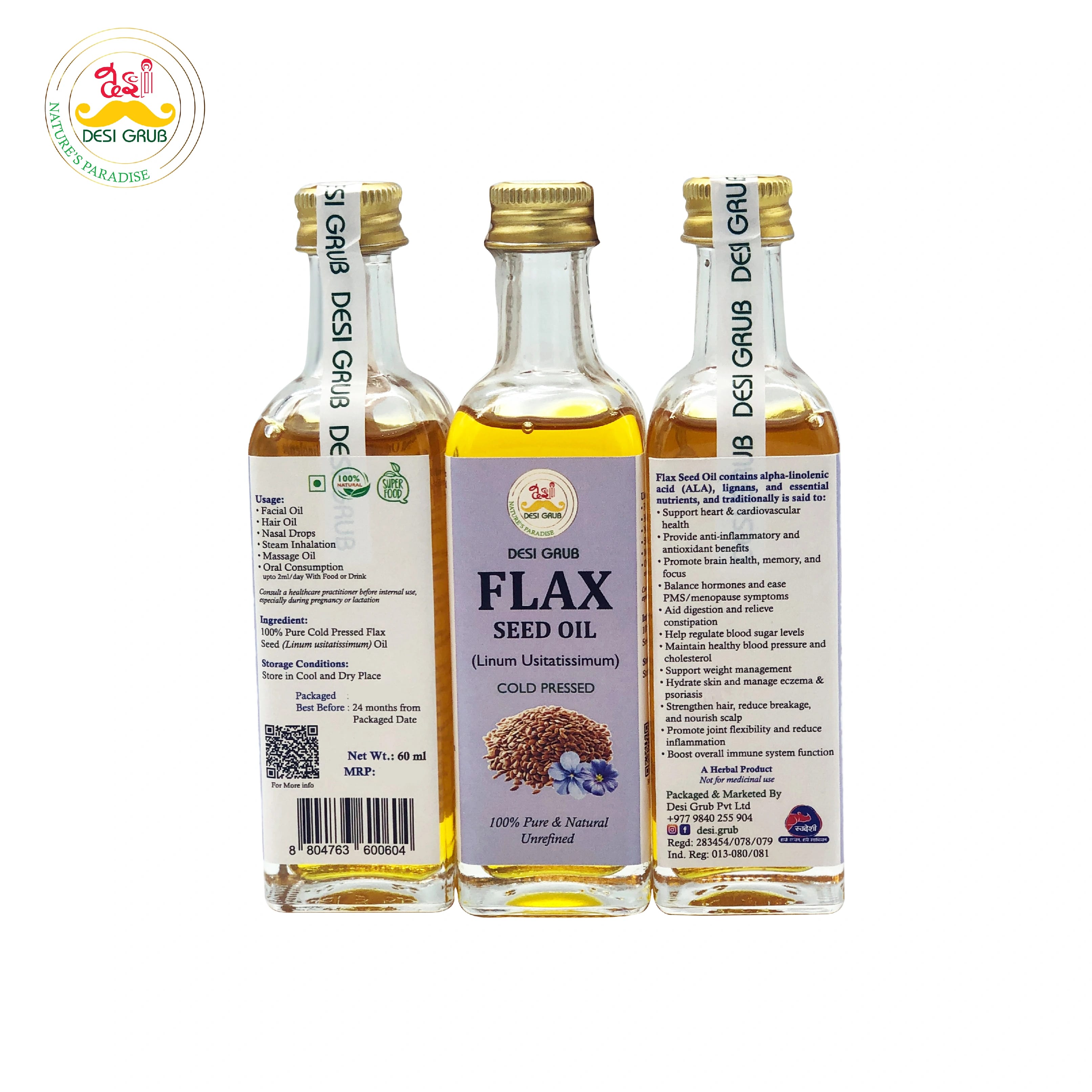 Desi Grub Flax Seed Oil 60ml | Alsi Tel | Omega-3 Rich | Heart, Skin & Hair Health - image 3