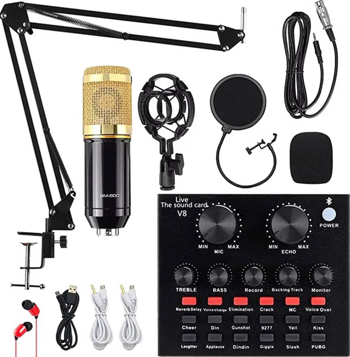 BM800 Professional Studio Condenser Microphone with V8 Sound Card, Wired, Noise Reduction DSP Chips, Rechargeable Battery, Black/Custom