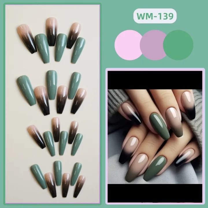 MAANGE 24Pcs Long T Cool Green Black Gradient Fake Press On Nails With Glue & File WM139 - image 5