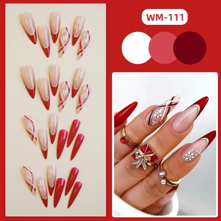 MAANGE 24Pcs Christmas Snowflakes Tipsy Fake Press On Nails With Glue & File WM111 - image 2