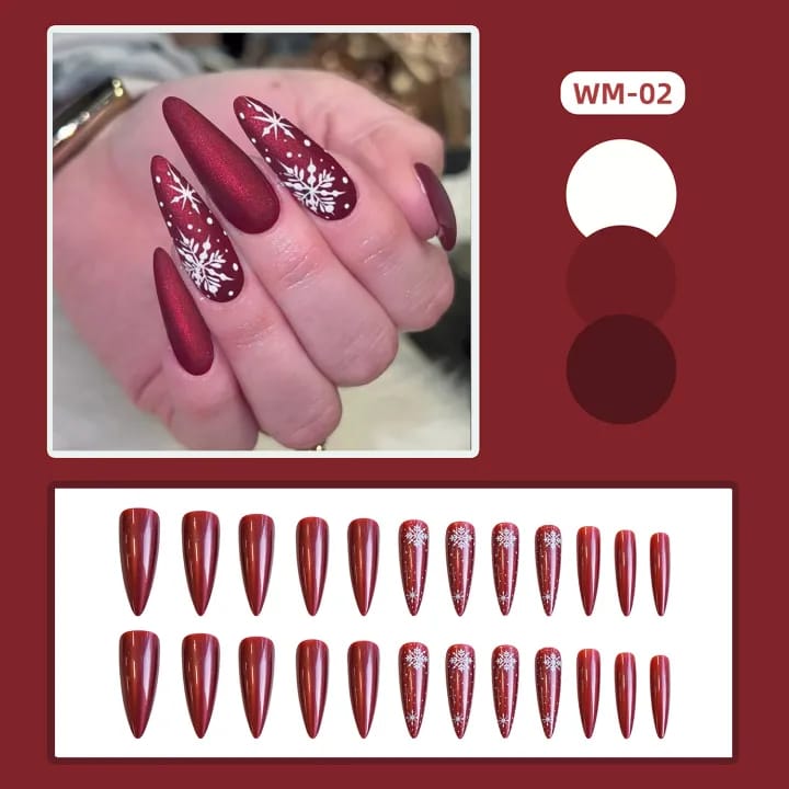 MAANGE 24Pcs Red Long Pointed Snowflake Fake Press On Nails With Glue & File WM02 - image 4